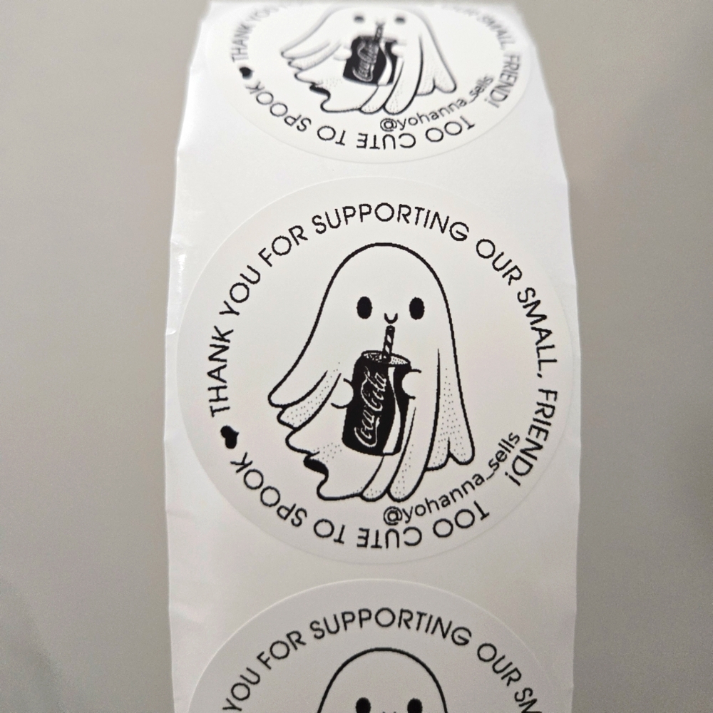 100 White Cute Ghost Stickers with Coca-Cola Design 2 Inches